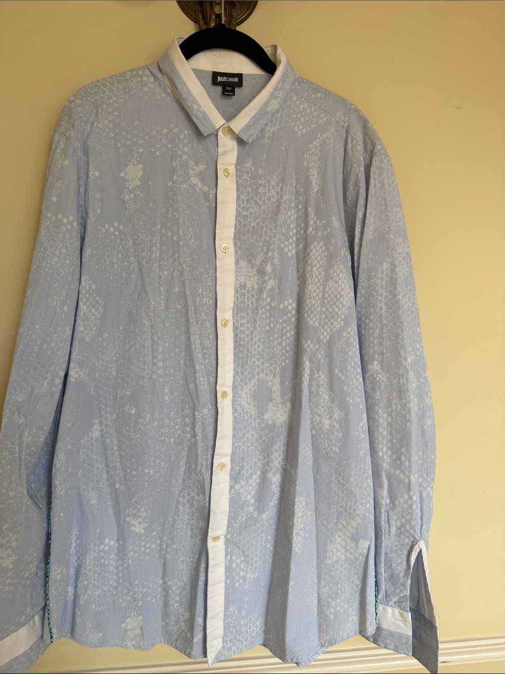 Just Cavalli Pale Blue Patterned Button-Down Shirt with White Placket